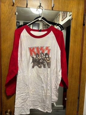 Vintage Kiss Raglan Long Sleeve Tee - Red and White